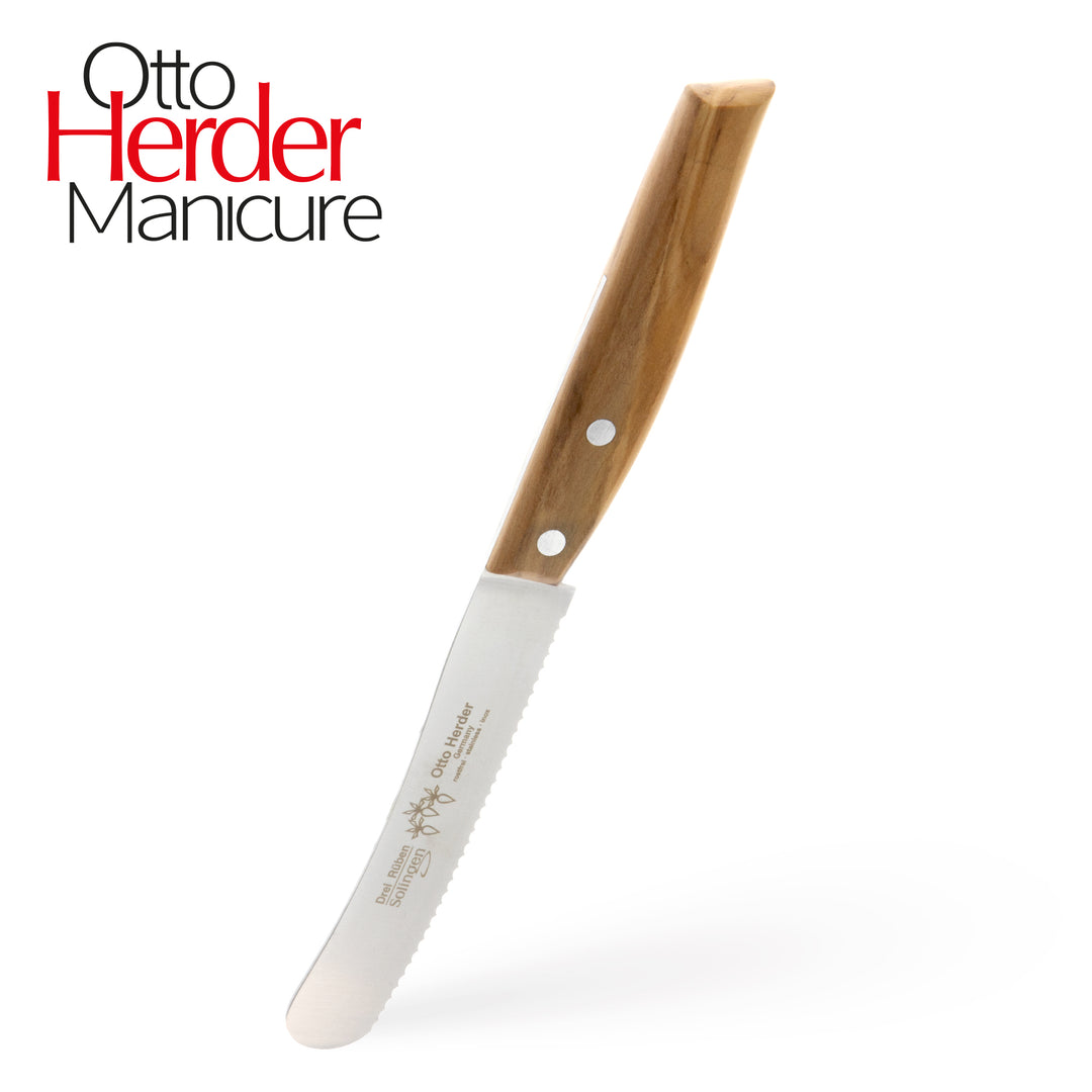 Otto Herder Buckelsmesser – 2er-Set Frühstücksmesser mit breiter Klinge und Wellenschliff, 22,2 cm rostfreier Edelstahl, Griff aus hochwertigem Olivenholz, Made in Germany