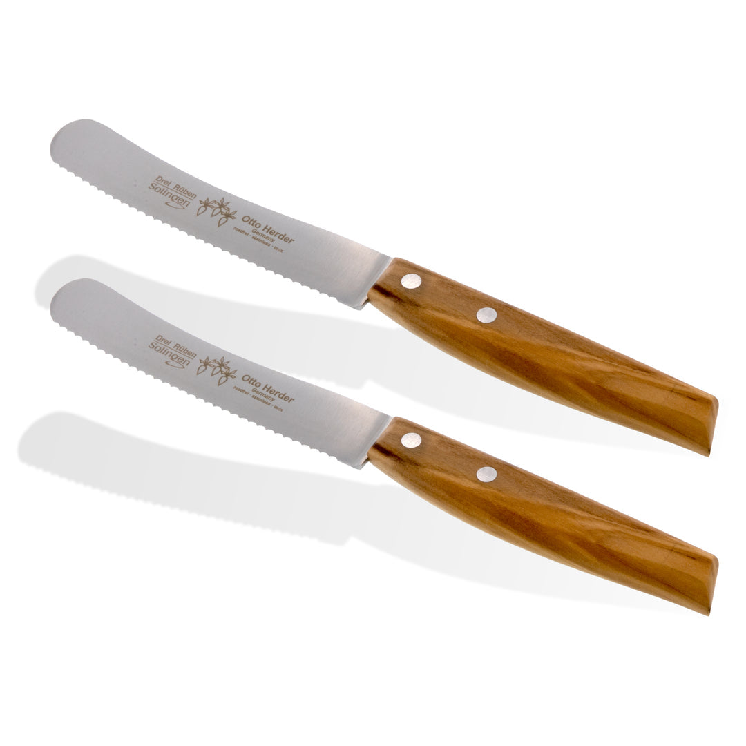 Otto Herder Buckelsmesser – 2er-Set Frühstücksmesser mit breiter Klinge und Wellenschliff, 22,2 cm rostfreier Edelstahl, Griff aus hochwertigem Olivenholz, Made in Germany