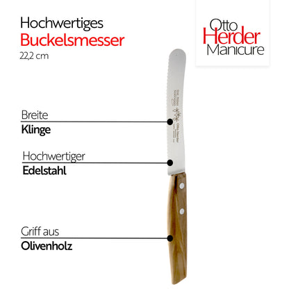 Otto Herder Buckelsmesser – 2er-Set Frühstücksmesser mit breiter Klinge und Wellenschliff, 22,2 cm rostfreier Edelstahl, Griff aus hochwertigem Olivenholz, Made in Germany