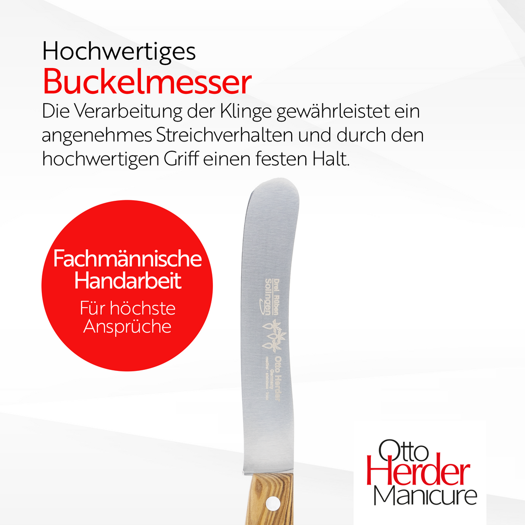 Otto Herder Buckelsmesser aus Solingen – Frühstücksmesser mit Olivenholzgriff, 22,2 cm, Rostfrei, Dünnschliff & Handabzug