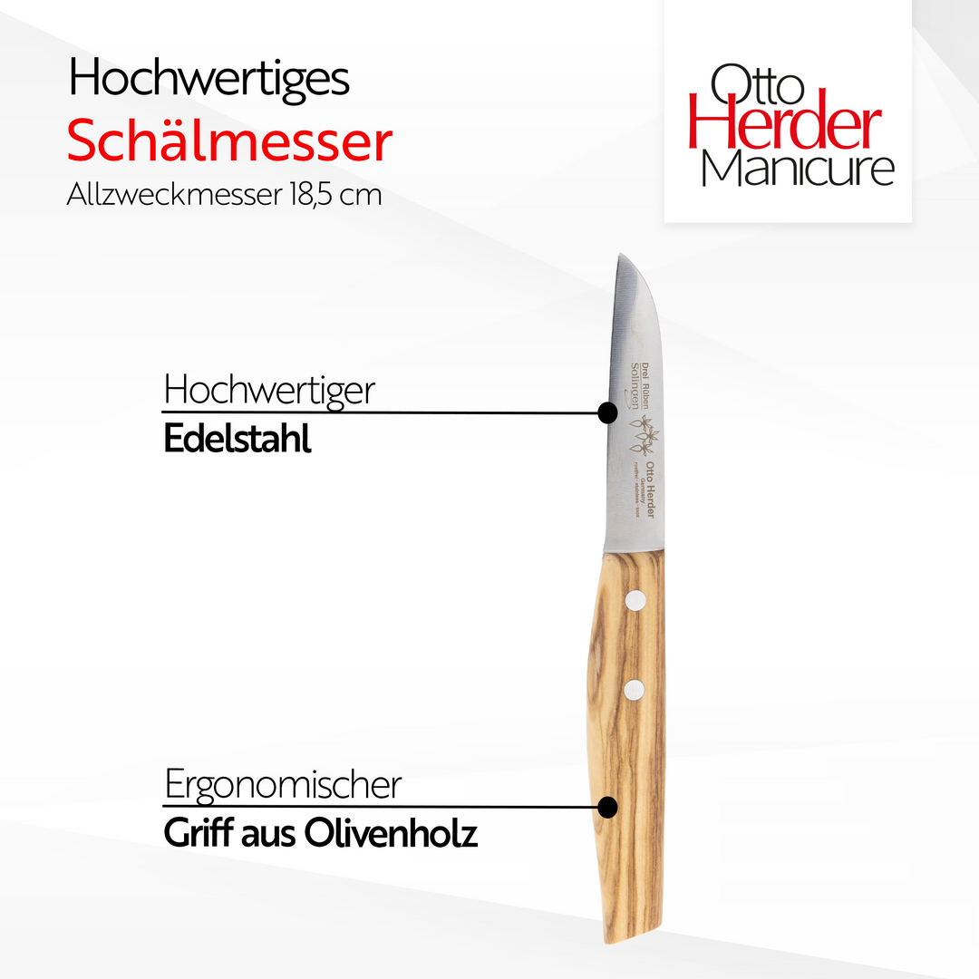 Otto Herder Schälmesser – 18,5 cm – Gerade Klinge – Olivenholz-Griff – 100% Made in Solingen