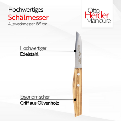 Otto Herder Schälmesser – 18,5 cm – Gerade Klinge – Olivenholz-Griff – 100% Made in Solingen