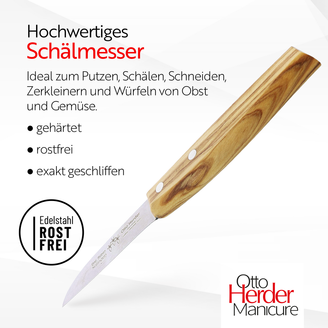 Otto Herder Schälmesser – 18,5 cm – Gerade Klinge – Olivenholz-Griff – 100% Made in Solingen