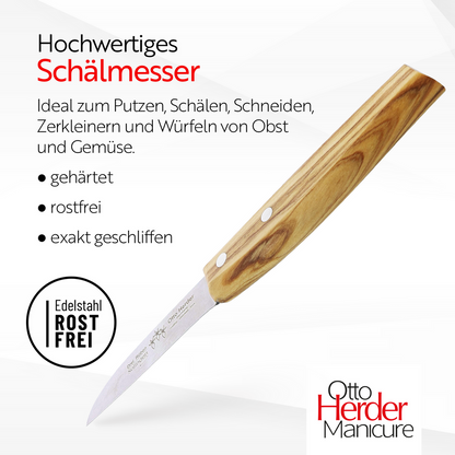Otto Herder Schälmesser – 18,5 cm – Gerade Klinge – Olivenholz-Griff – 100% Made in Solingen
