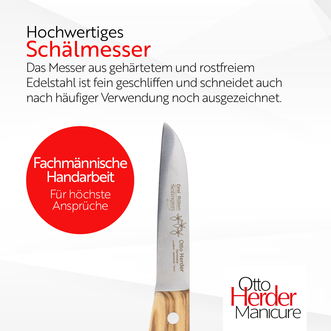 Otto Herder Schälmesser – 18,5 cm – Gerade Klinge – Olivenholz-Griff – 100% Made in Solingen