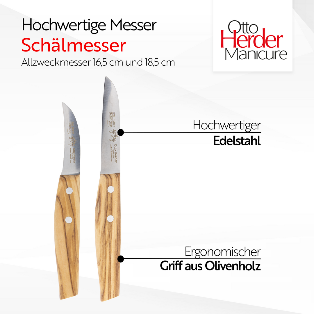 Otto Herder Küchenmesser-Set aus Solingen – Obstmesser & Gemüsemesser aus rostfreiem Edelstahl mit Olivenholz-Griffen