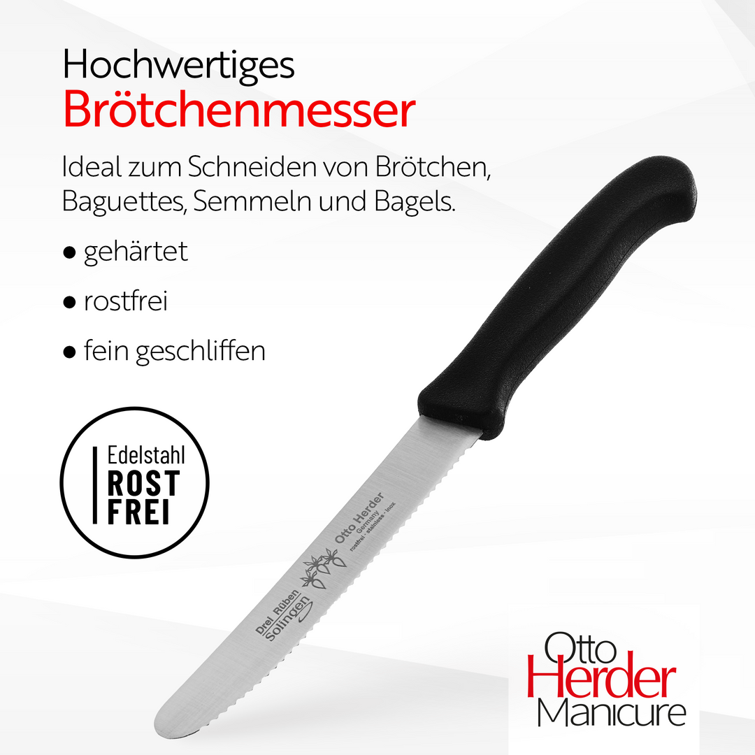 Otto Herder Tafelmesser aus Solingen, Wellenschliff, 4er Set Frühstücksmesser Brötchenmesser Schwarz,Scharfe Schnittfläche,Made in Germany Rostfrei Spülmaschinengeeignet