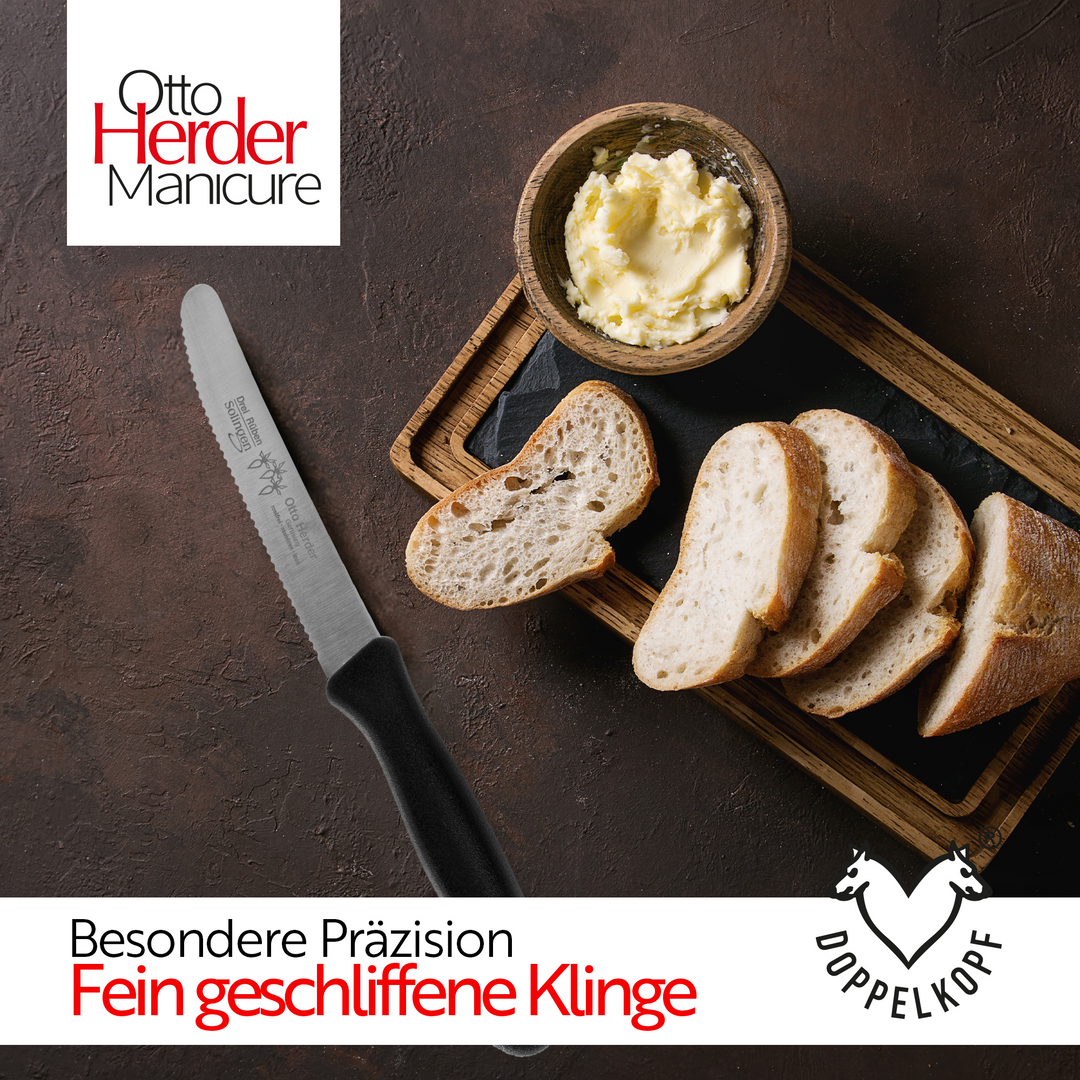 Otto Herder Tafelmesser aus Solingen, Wellenschliff, 4er Set Frühstücksmesser Brötchenmesser Schwarz,Scharfe Schnittfläche,Made in Germany Rostfrei Spülmaschinengeeignet