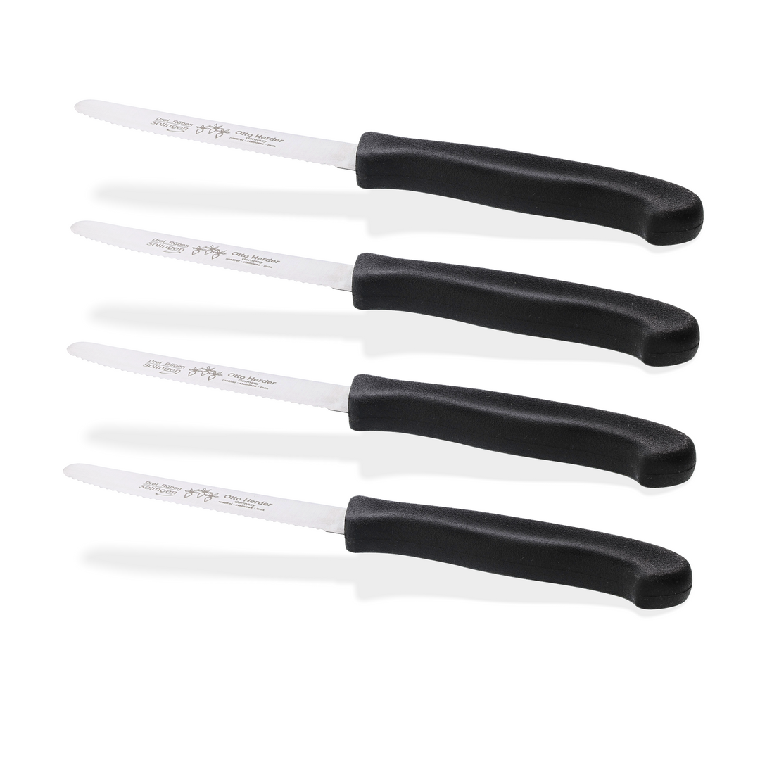 Otto Herder Tafelmesser aus Solingen, Wellenschliff, 4er Set Frühstücksmesser Brötchenmesser Schwarz,Scharfe Schnittfläche,Made in Germany Rostfrei Spülmaschinengeeignet