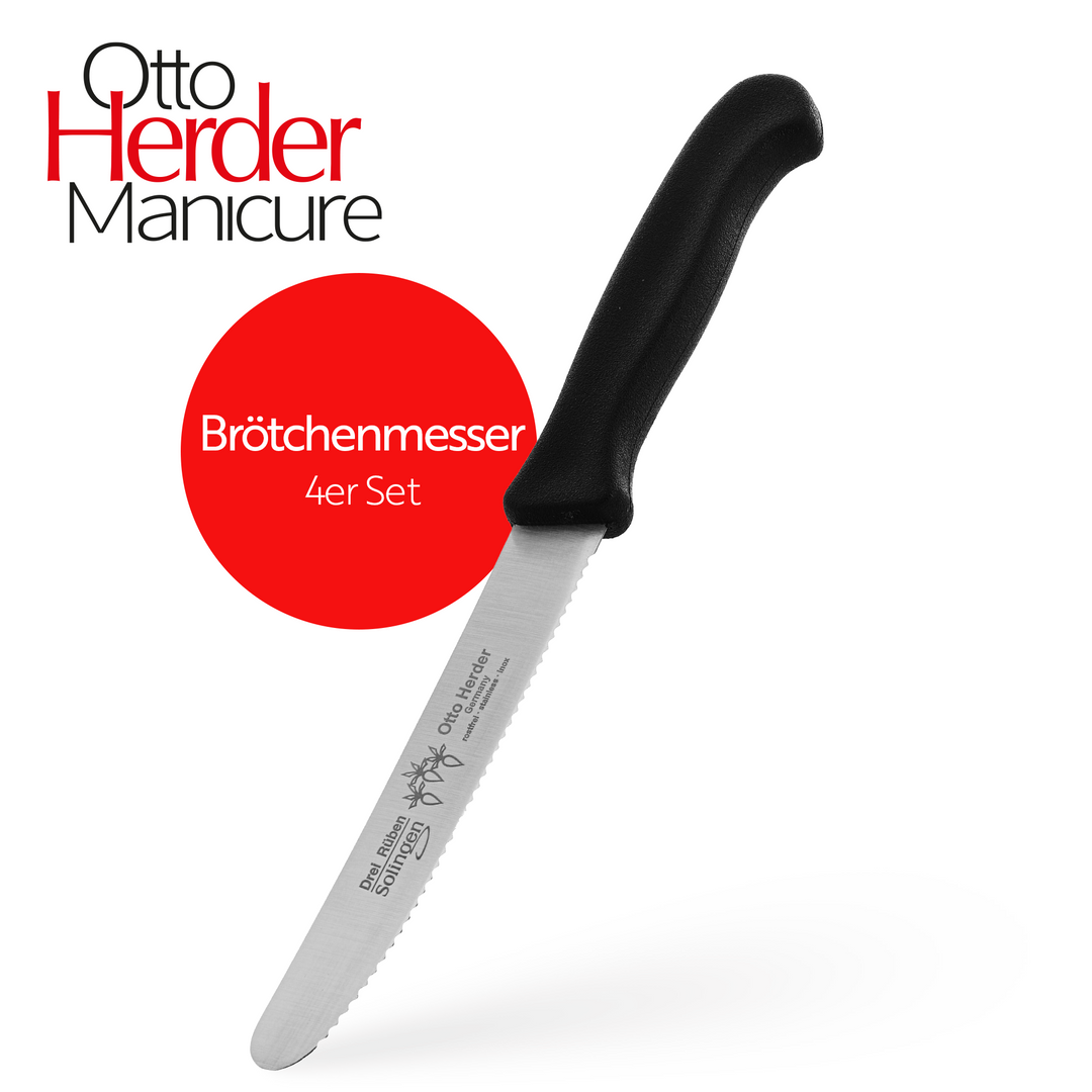 Otto Herder Tafelmesser aus Solingen, Wellenschliff, 4er Set Frühstücksmesser Brötchenmesser Schwarz,Scharfe Schnittfläche,Made in Germany Rostfrei Spülmaschinengeeignet