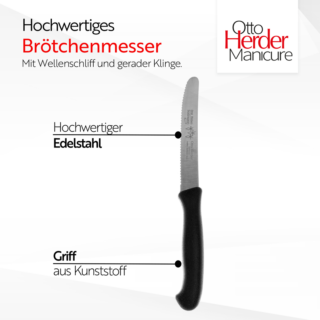 Otto Herder Tafelmesser aus Solingen, Wellenschliff, 4er Set Frühstücksmesser Brötchenmesser Schwarz,Scharfe Schnittfläche,Made in Germany Rostfrei Spülmaschinengeeignet