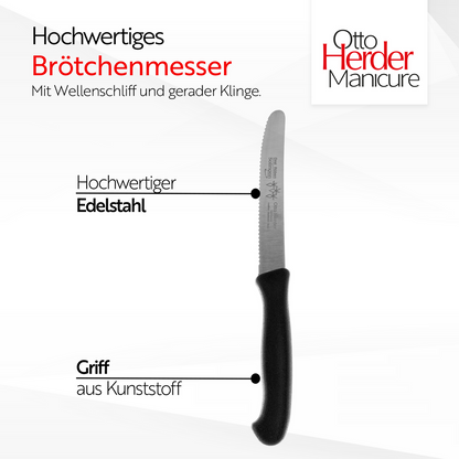 Otto Herder Tafelmesser aus Solingen, Wellenschliff, 4er Set Frühstücksmesser Brötchenmesser Schwarz,Scharfe Schnittfläche,Made in Germany Rostfrei Spülmaschinengeeignet
